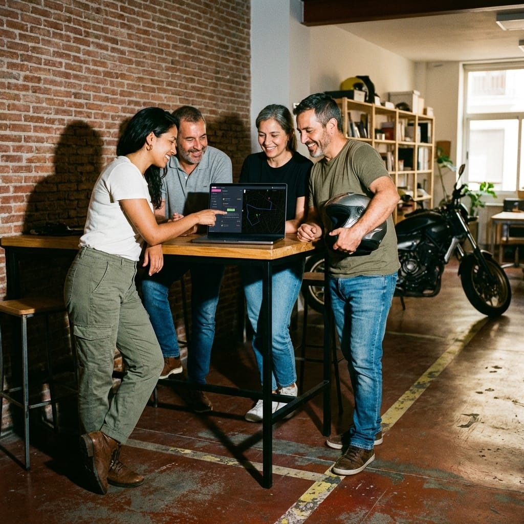 Equipo de repartidores de una cooperativa reunidos planificando la ruta