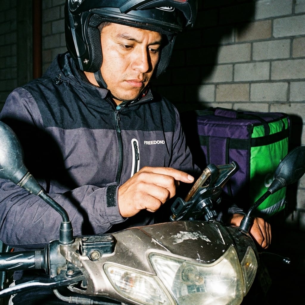 Repartidor de Freedond en motocicleta entregando un pedido