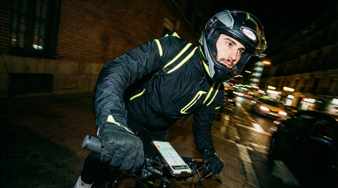 Repartidor en motocicleta entregando un pedido rápidamente para quickcommerce